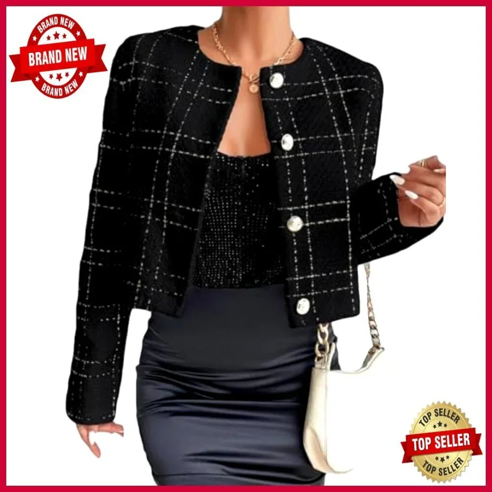 Tweed Cropped Blazer Collarless Plaid Open Front Loose Fit_2